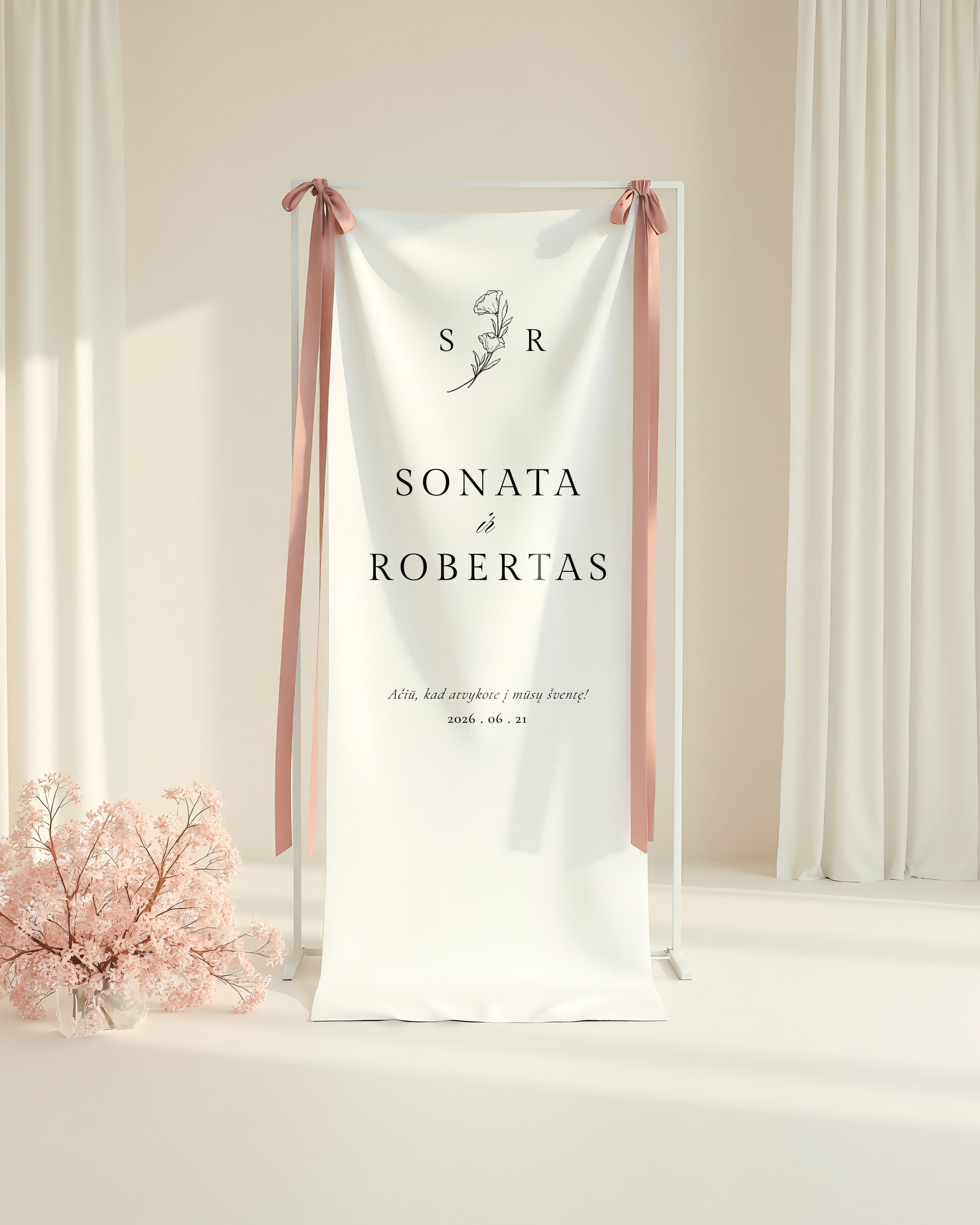 Pasitikimo iškaba su gėlės motyvu "Sonata ir Robertas"